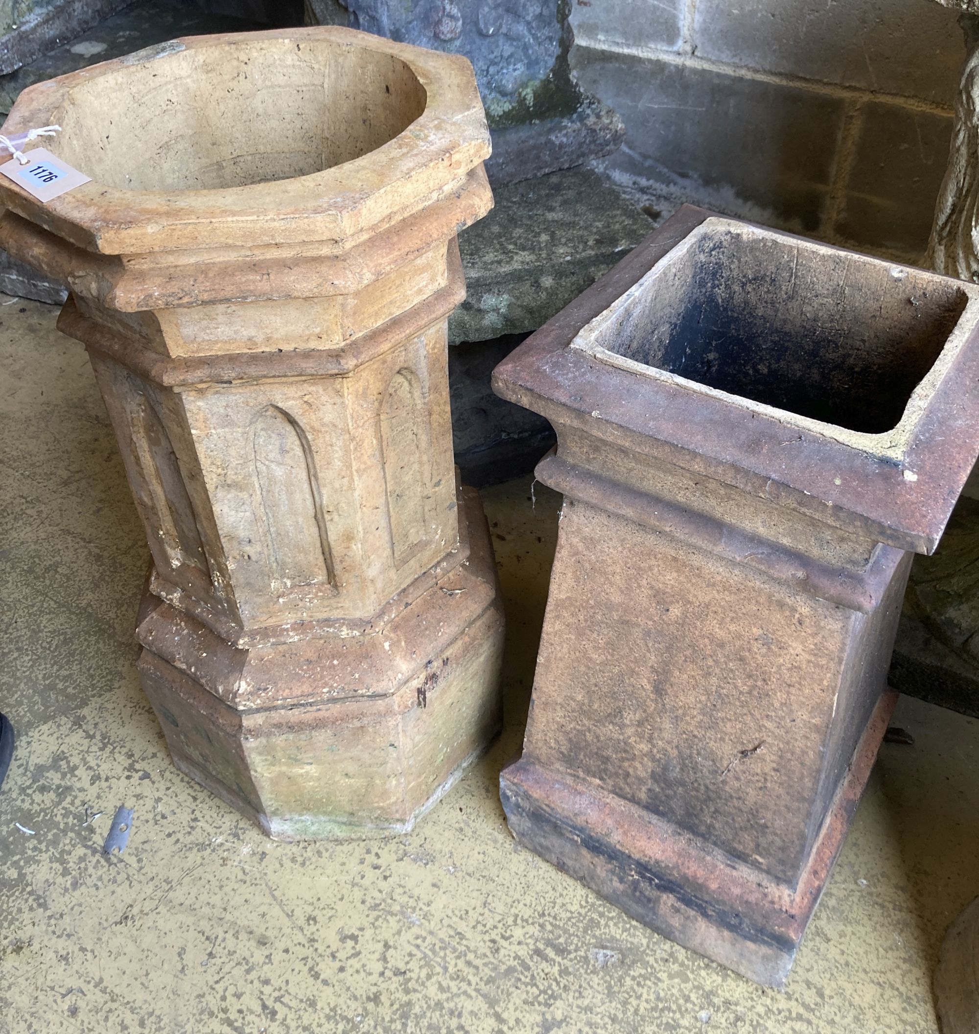 A terracotta chimney pot and another, larger 72cm high